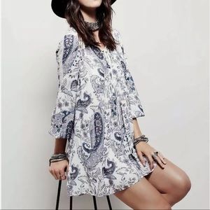 Free People Rain Or Shine Lace Up Long Sleeve Mini Dress Ivory Comb Size Small